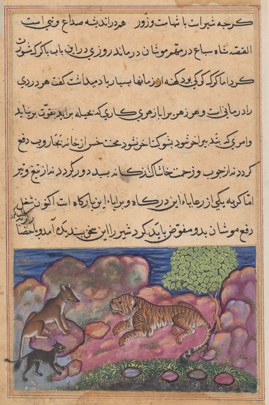The wolf advises the lion to consult the cat, from a Tuti-nama (Tales of a...