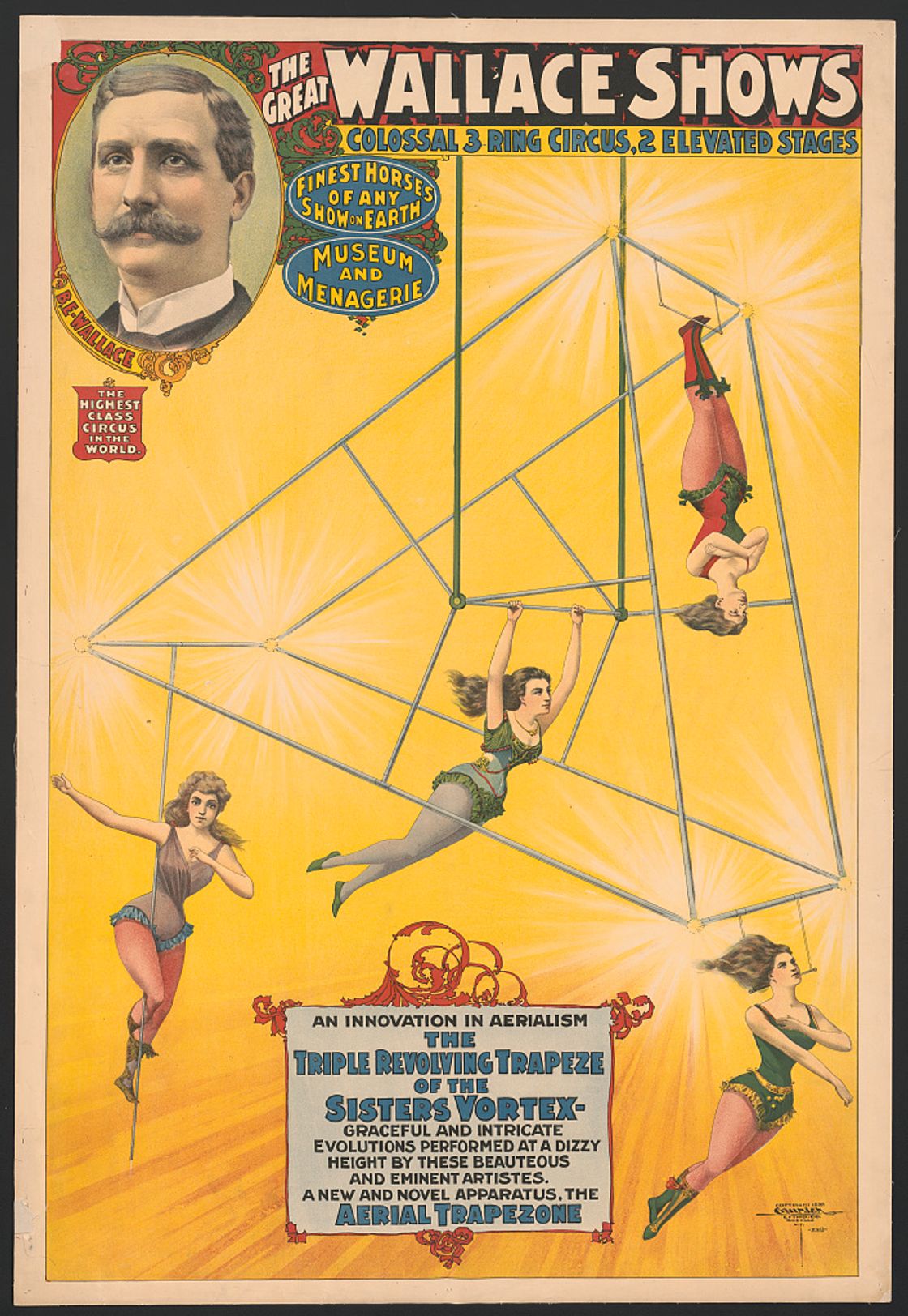 The great Wallace shows An innovation in aerialism, the triple revolving trapeze of the sisters Vortex [...] /