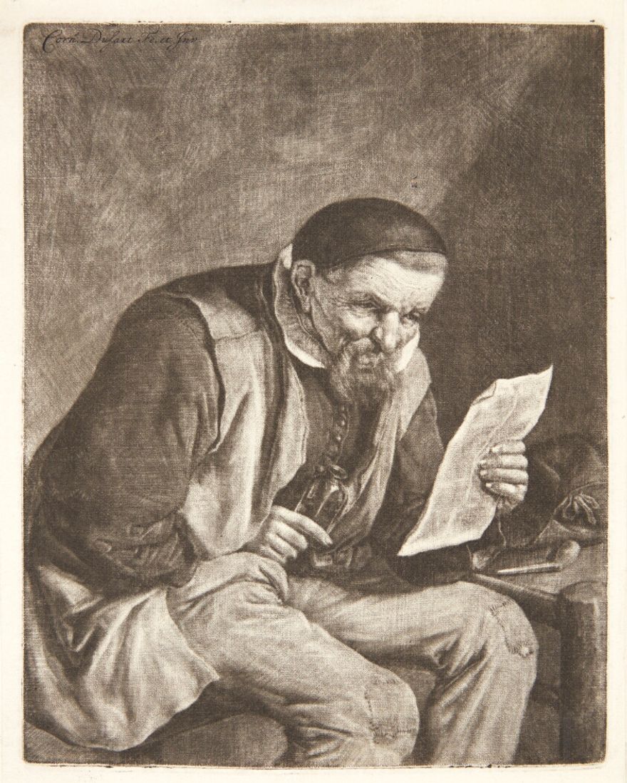 Siddende bonde, der læser et brev
