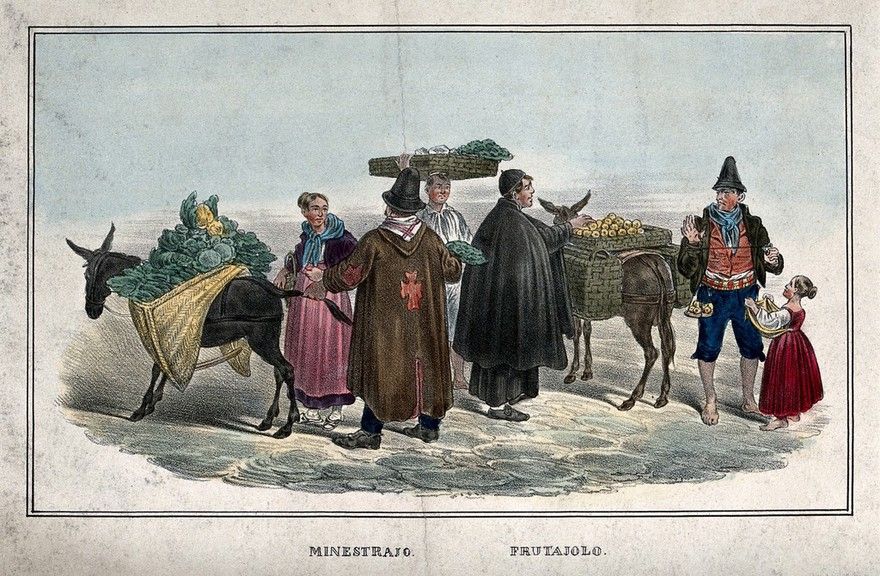 Sellers of vegetables and fruit in Italy, with some of their customers. Colour...