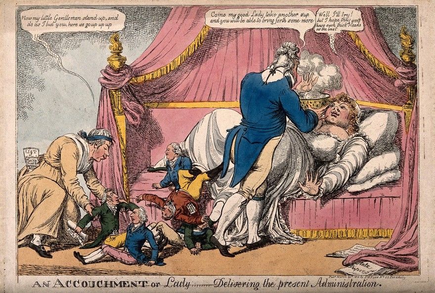 The Regent approaching Lady Hertford who is giving birth to fully dressed...