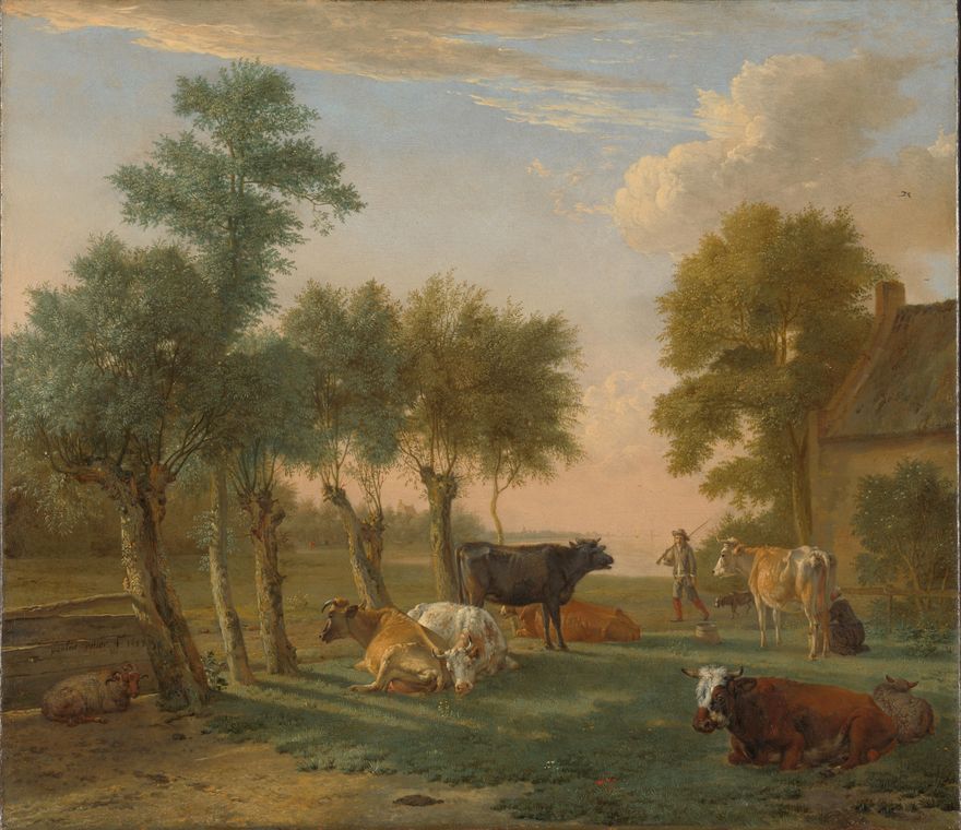 Koeien in de weide bij een boerderij