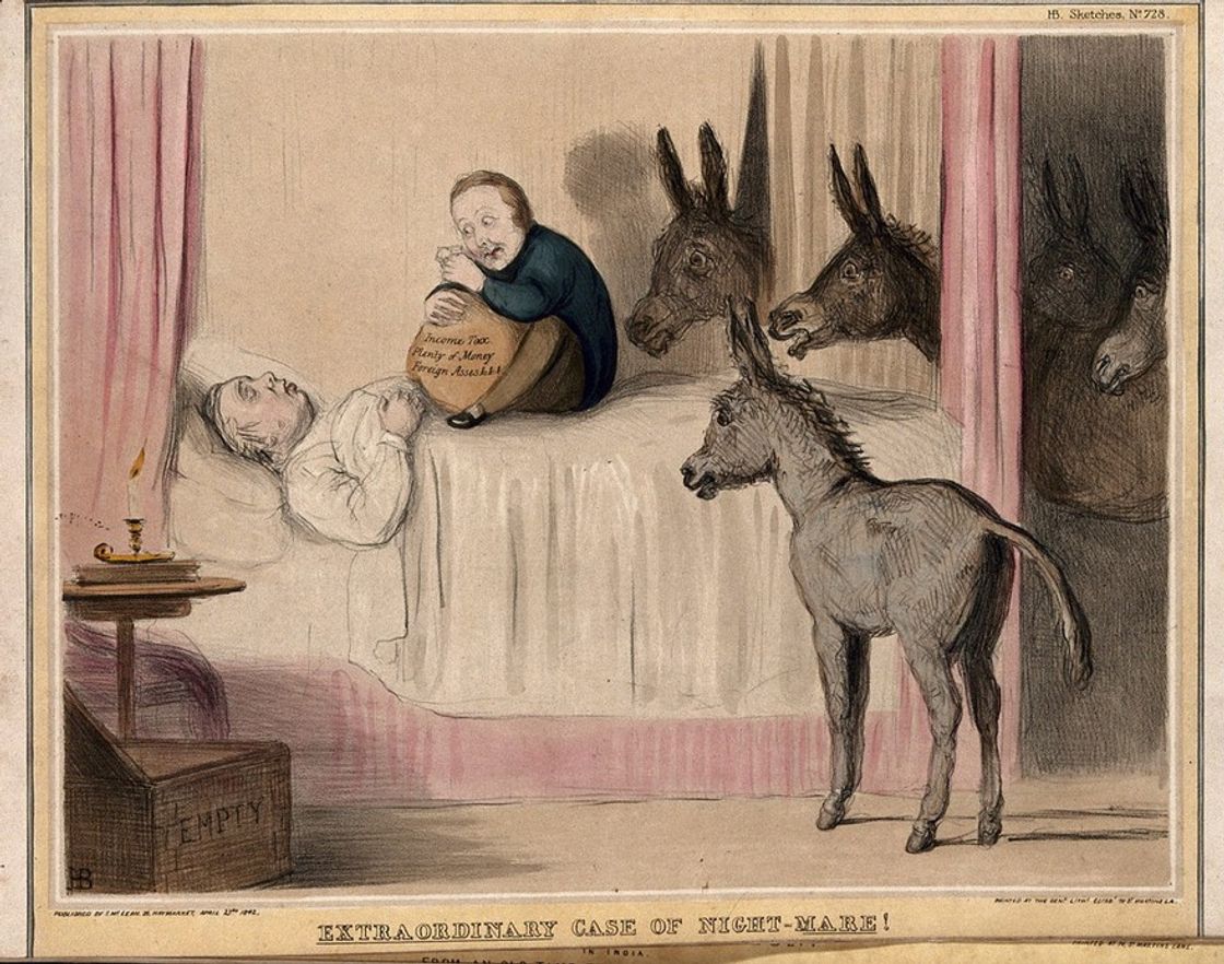 John Bull has a nightmare about income tax represented by Sir Robert Peel sitting on his chest surrounded by donkeys (asses). Coloured lithograph by H.B. (John Doyle), 1842.