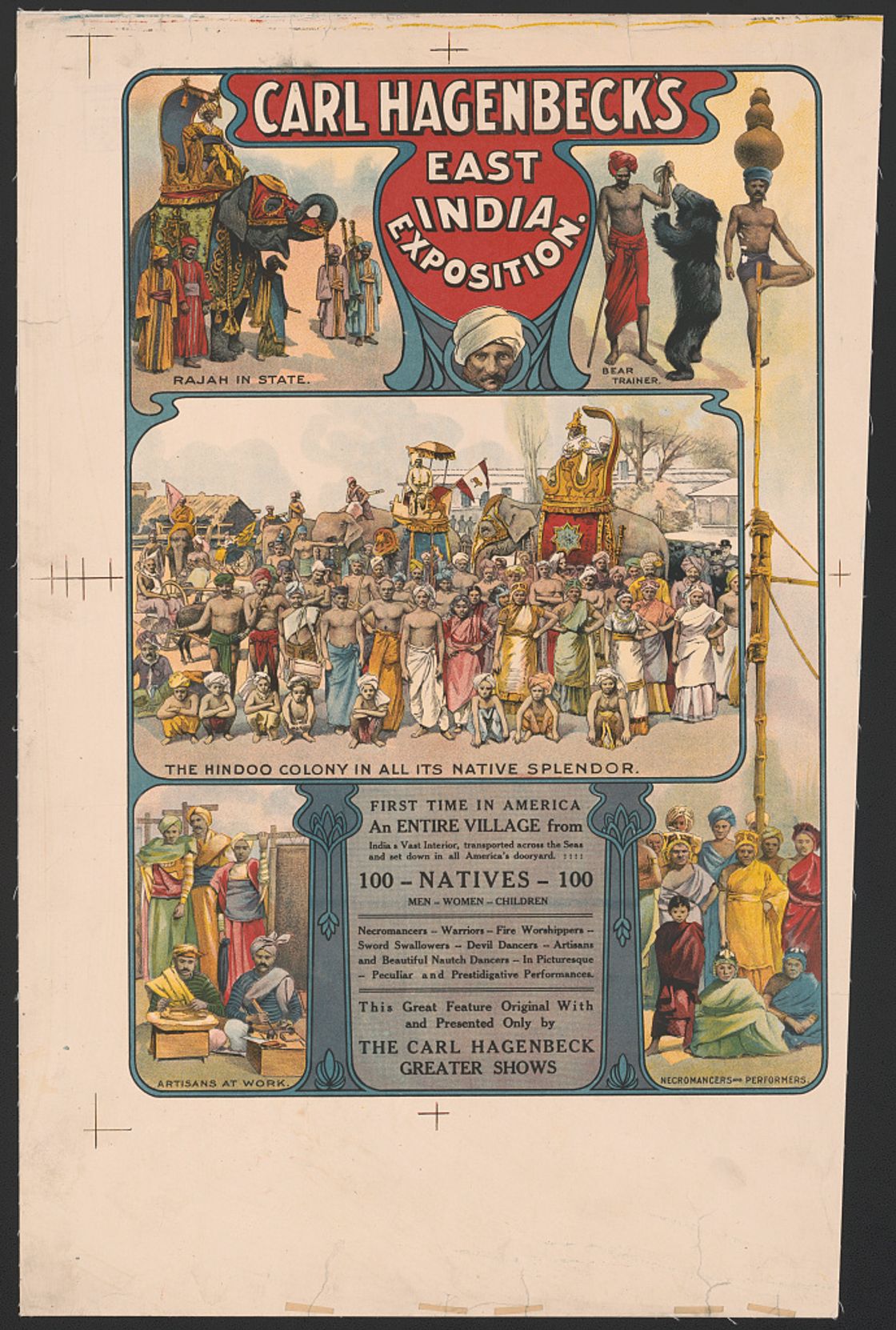 Carl Hagenbeck's East India exposition... The Hindoo colony in all its native splendor... An entire village... 100 -  natives - 100