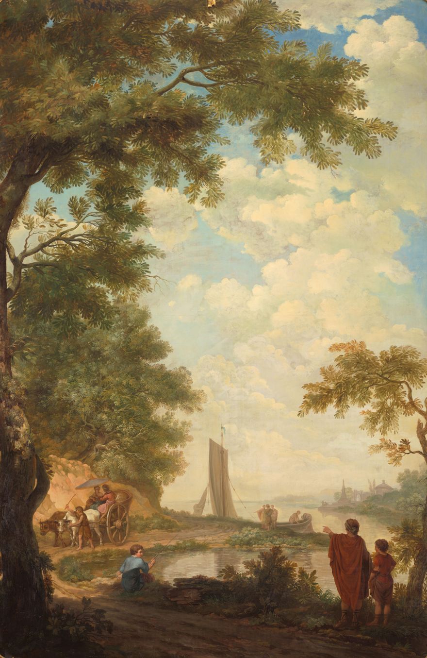 Arcadisch landschap met figuren bij een rivieroever