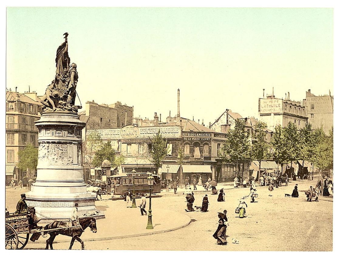 [Street scene and monument, in the Place Clichy, Paris, France]
