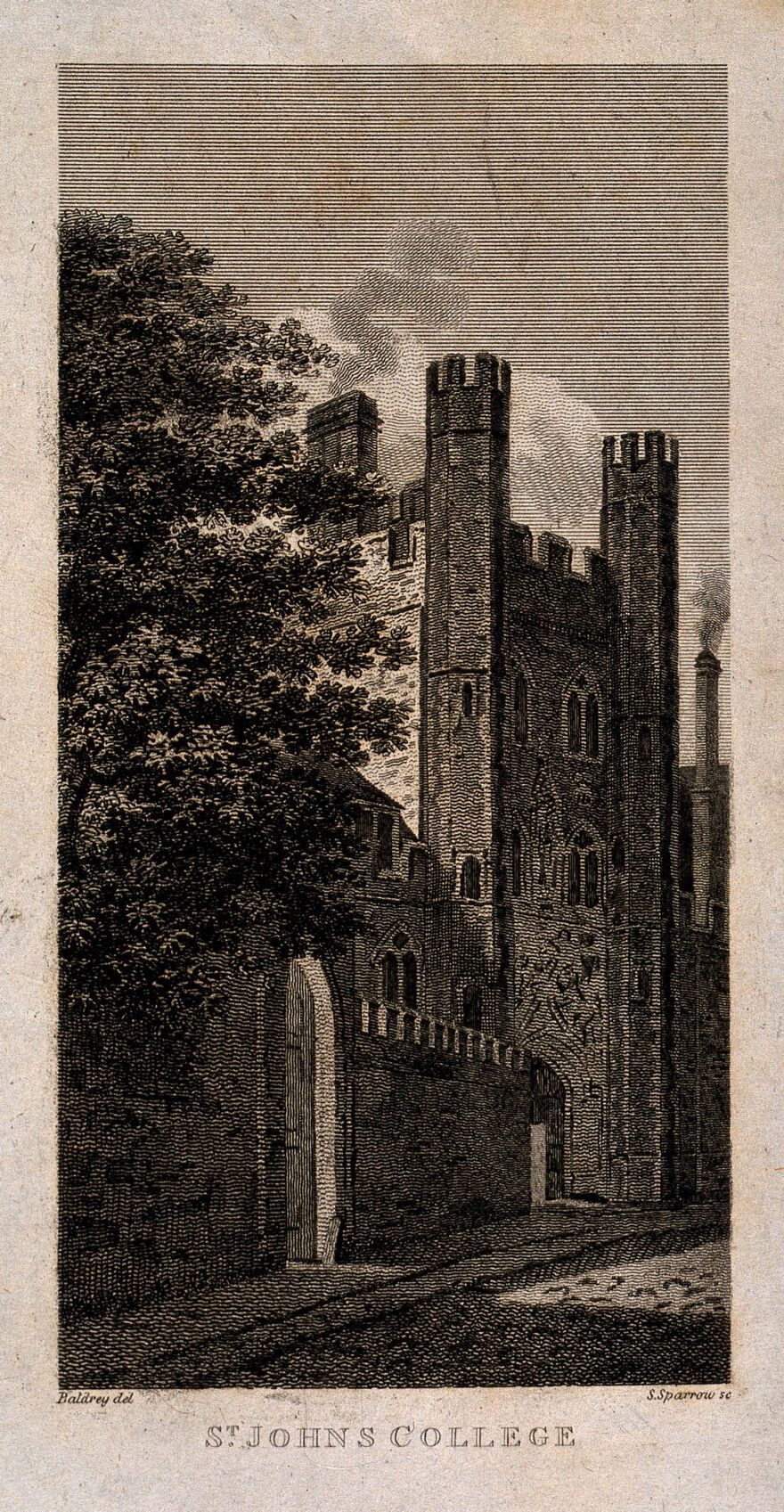 St. John's College, Oxford: gateway. Line engraving by S. Sparrow after Baldrey.