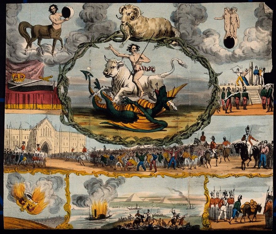 Astronomy: various apocalyptic scenes, including a flogging, a mob by the...