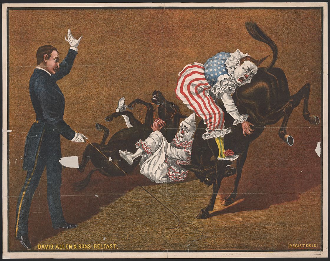 [2 clowns, 2 mules (?) and circus trainer]