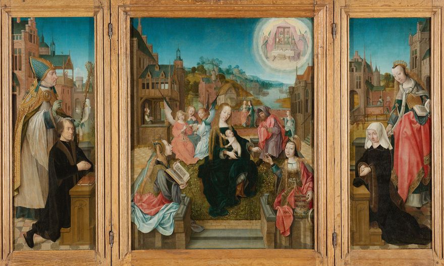 Drieluik met Maria met kind en heiligen (middenpaneel), de stichter met de...
