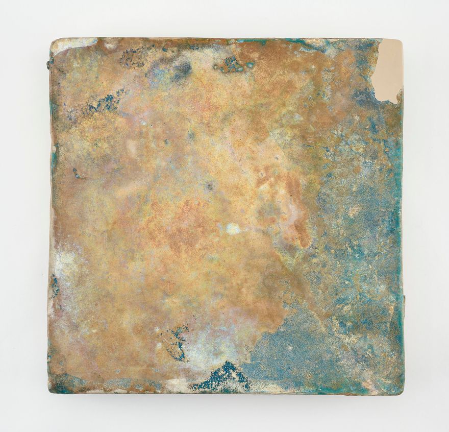 Tile, large, square; one corner restored with plaster