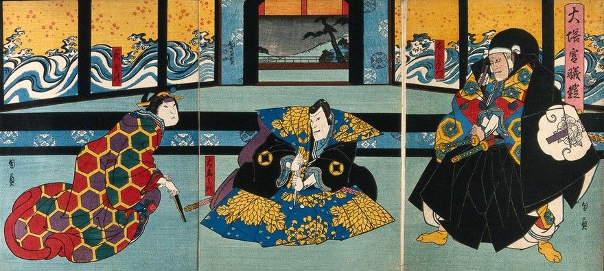Three figures in a palace. Colour woodcut by Kunikazu, early 1860s.