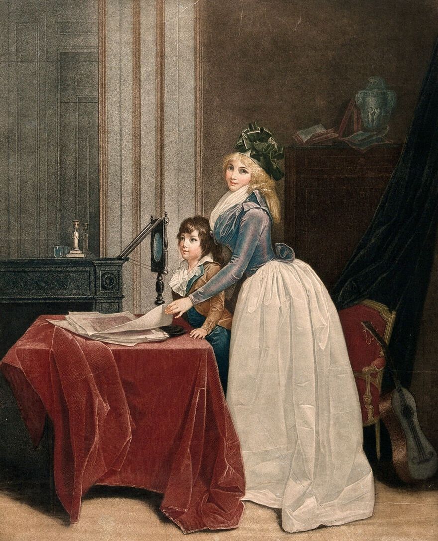 A woman and a boy are looking at prints with the aid of a lens and mirror; an...