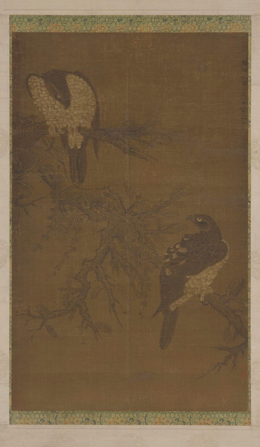 Two hawks on a withered bough