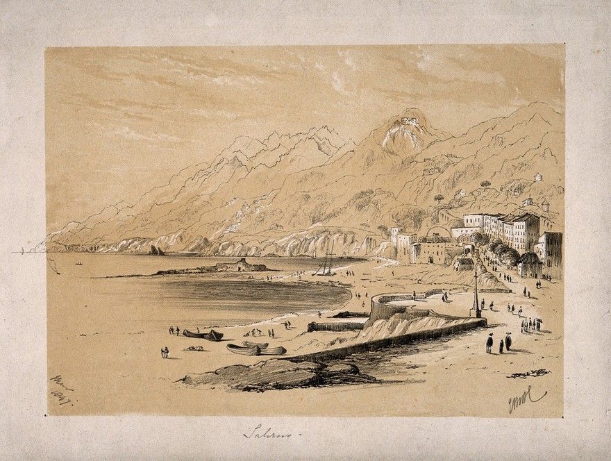 Salerno, Italy: panoramic view of the beach and harbour. Tinted lithograph...