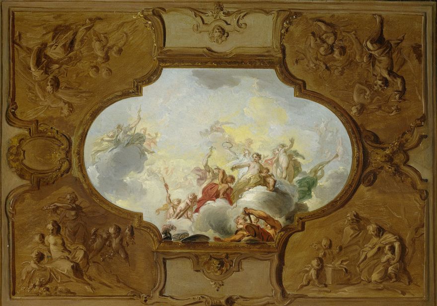 Design for a ceiling painting with the Apotheosis of Aeneas, in the corners the...